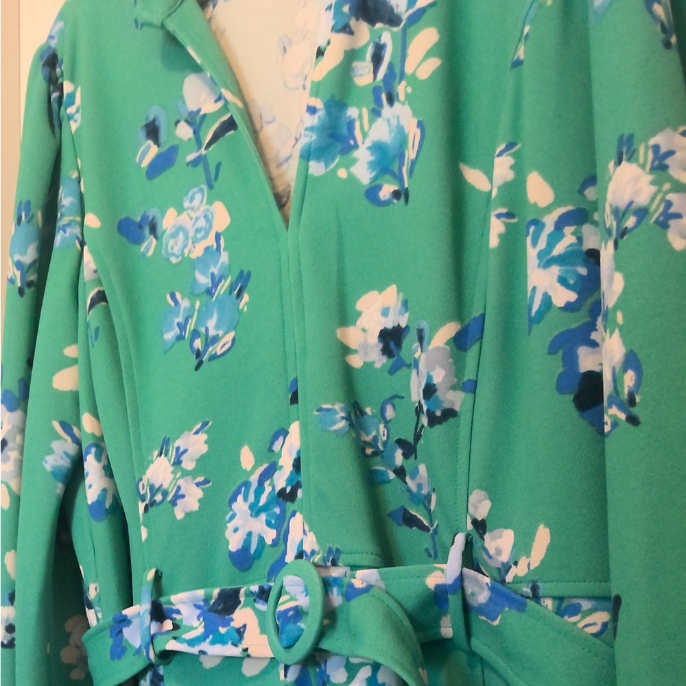 NWT Danny & Nicole Green & Blue Floral Collared V-Neck Belted Dress 18 - Picture 9 of 14